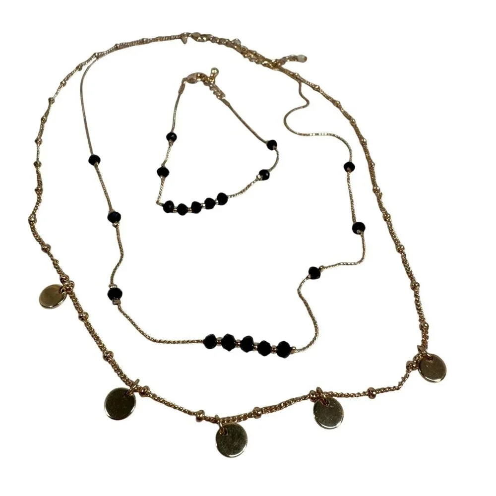 Layered Gold & Black Beaded Necklace Set With matching Bracelet Signed NRQ - Picture 1 of 8